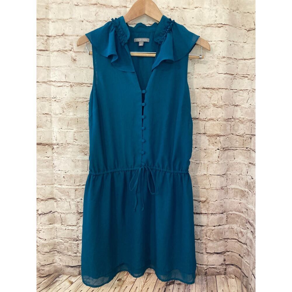 Tinley Road Dress Womens Medium Teal Blue Ruffle A Line Drawstring Waist Lined